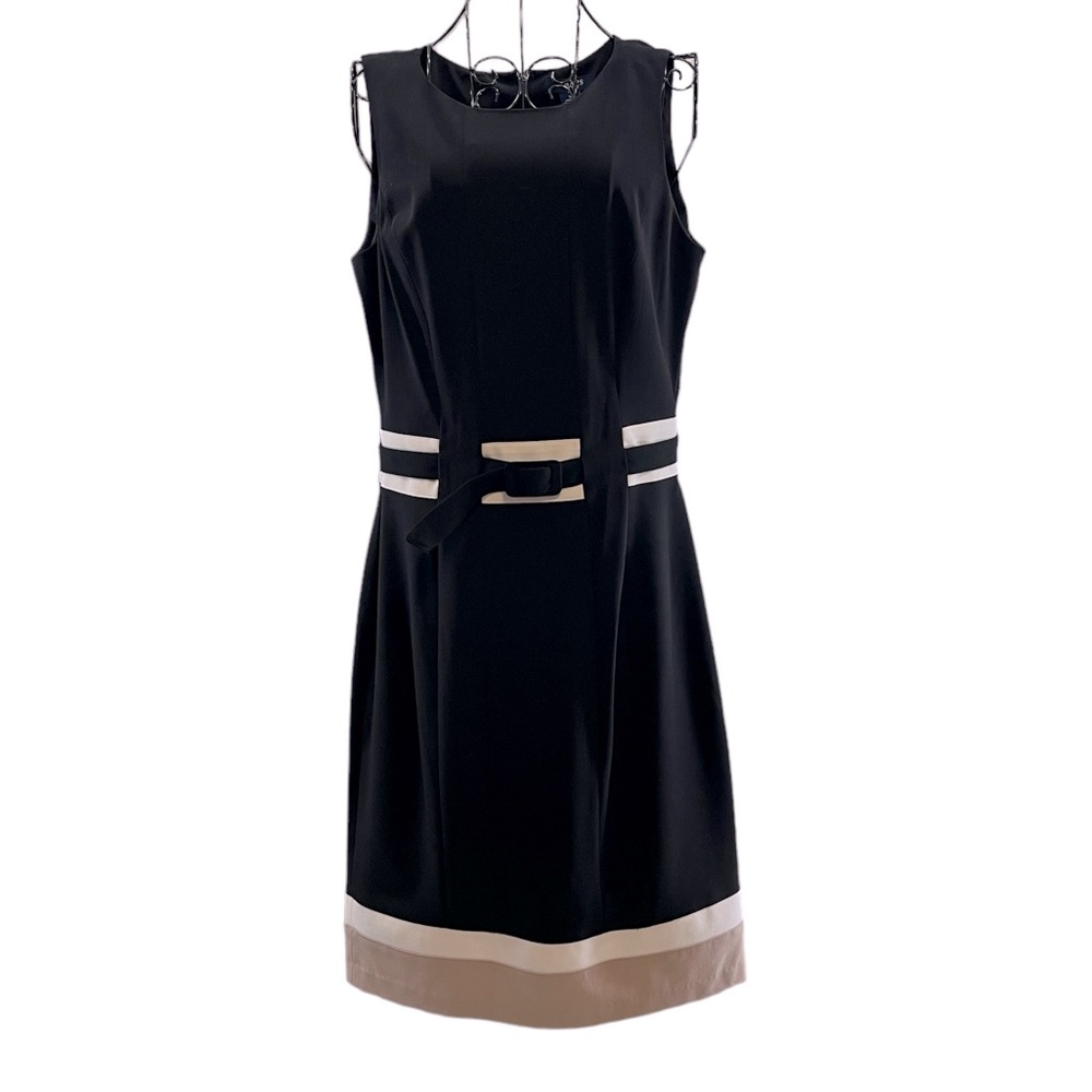 Chaps Black Sleeveless Belted Straight Shift Dress Flattering Fit, Size 6